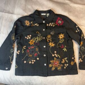 Laura Ashley Vintage Black Floral Embroidered Cotton Jacket - Size XL